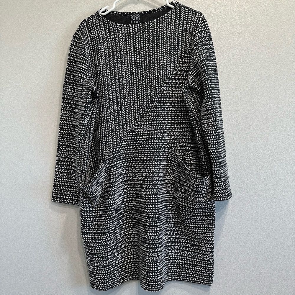 Clara Sun Woo large Black & White Knit Long-Sleeve Tunic Dress,office,lagenlook